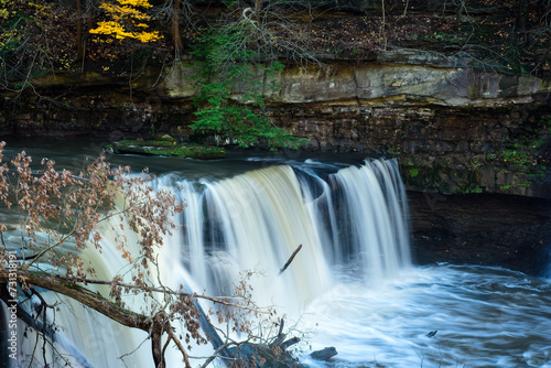 The Great Falls of Tinkers Creek in Bedford, Ohio, flows through a deep ravine in a secluded setting.