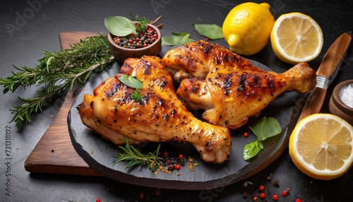 grilled chicken thighs with spices and lemon photo