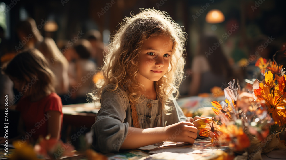 Little cute girl sitting at the table in the class room. Concept of education at school