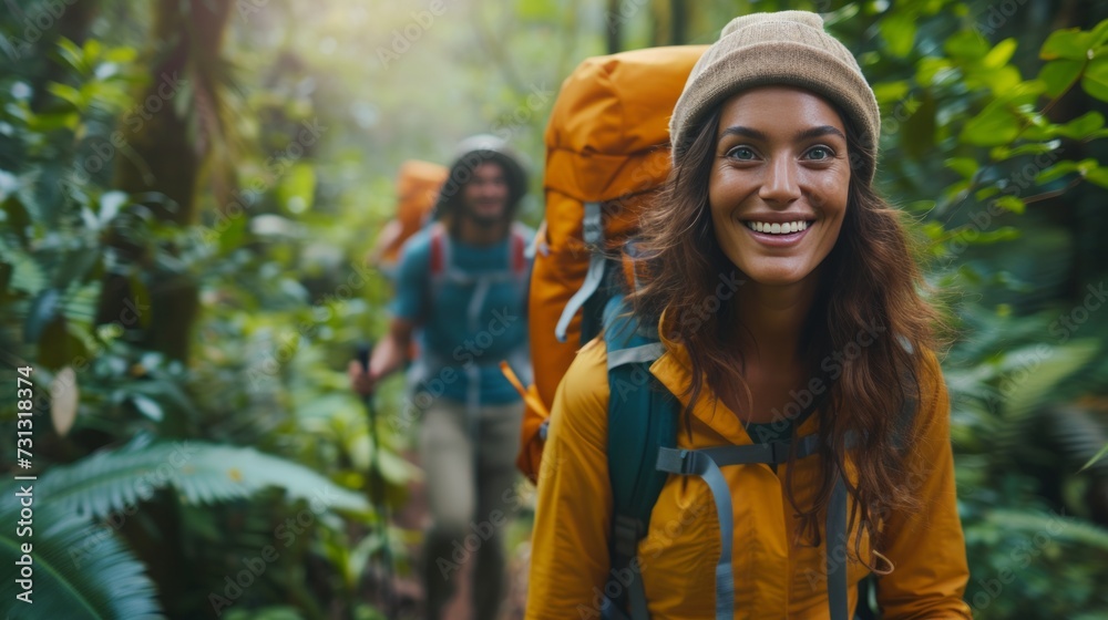Gleeful adventurers trek through dense forests, encountering wildlife and pristine natural beauty.