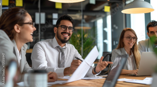 group of diverse professionals engaging in a collaborative and lively discussion around a table in an office setting