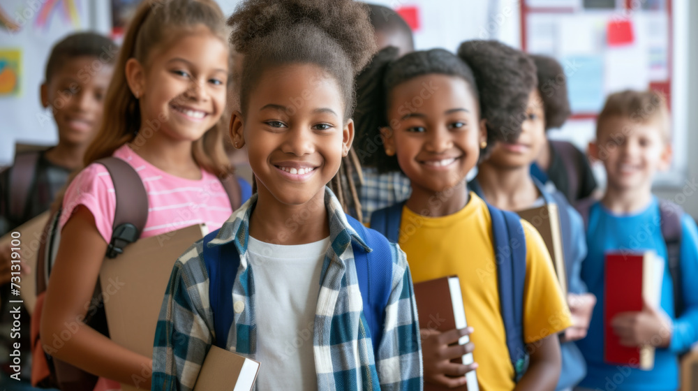 a group of cheerful children with backpacks, holding books and smiling at the camera, likely standing in a school hallway a group of cheerful children with backpacks, holding books and smiling at the camera, likely standing in a school hallway