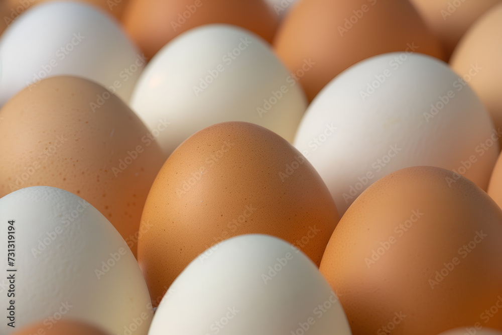 Large number of chicken eggs shown close up Large number of chicken eggs shown close up