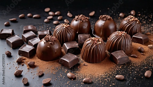 chocolate candies on a black background sprinkled with chocolate chips
