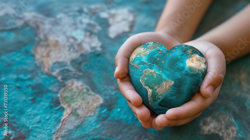 child's hands holding a model of planet earth in the shape of a heart