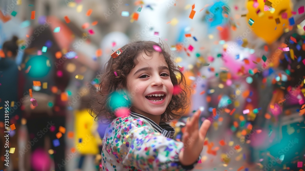Joyful child in a shower of colorful confetti, a moment of pure happiness captured in vibrant detail. candid outdoor celebration image. AI