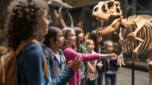 A knowledgeable teacher guides a group of curious students through a captivating museum, unveiling the wonders of art, science, and history. © Nijat