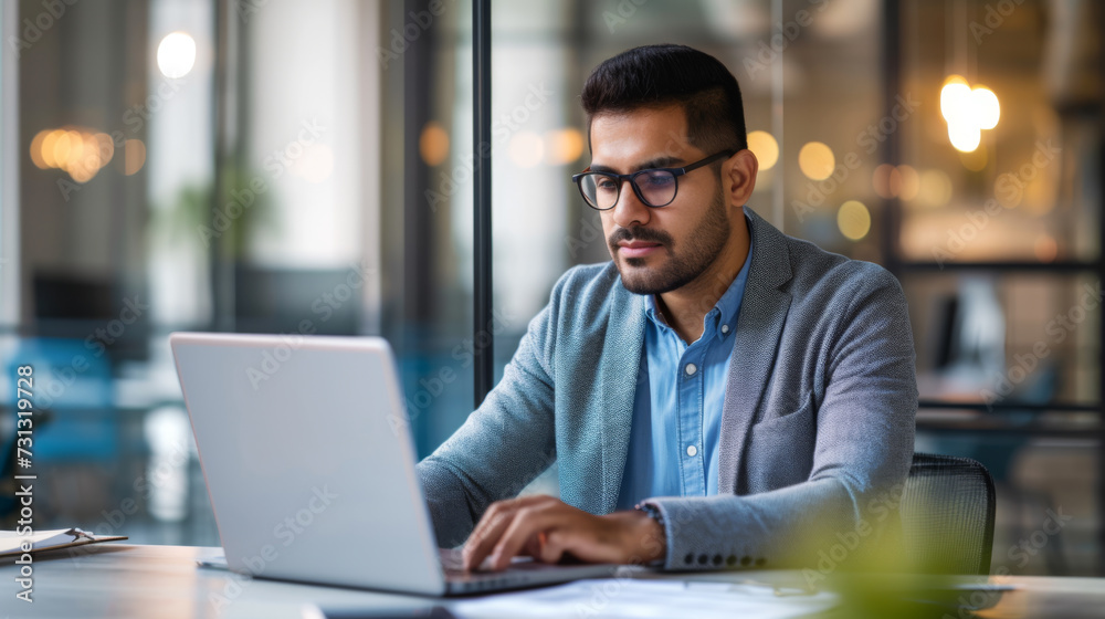 A professional is focused on working on a laptop at an office desk, with documents spread out and a casual yet smart style. A professional is focused on working on a laptop at an office desk, with documents spread out and a casual yet smart style.