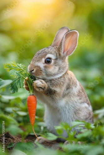 Cute rabbit eats a stolen carrot in a carrot field
