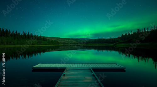 Dock Floating on a Lake Under a Green Sky