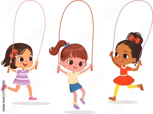 Happy cute multicultural girls play jump rope. Cartoon Illustration of children playing Jump rope. Vector