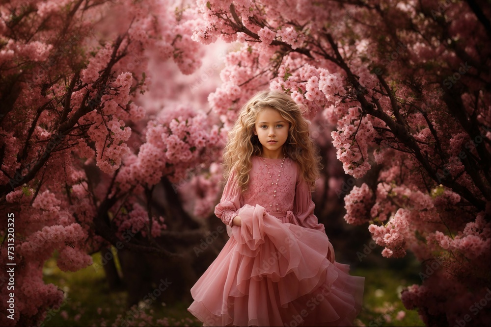 Little Girl in Spring Blossom Wonderland