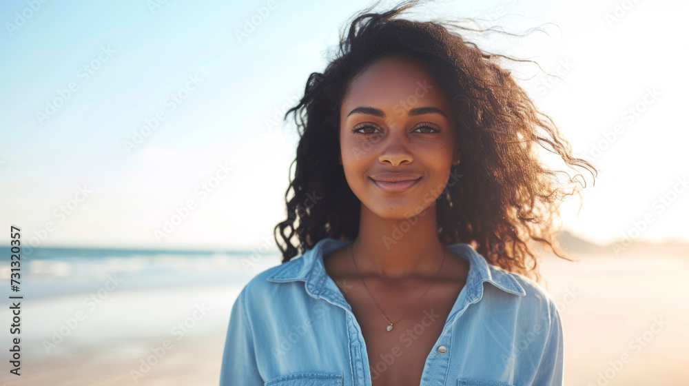 a woman smiling at the camera with the beach and ocean in the background, portraying a sense of happiness and relaxation in a natural, outdoor setting a woman smiling at the camera with the beach and ocean in the background, portraying a sense of happiness and relaxation in a natural, outdoor setting