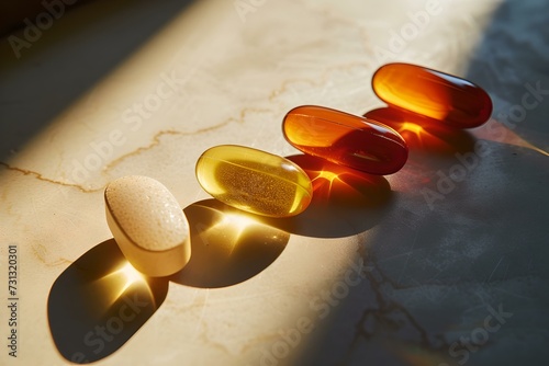 Nutritional supplements bathed in sunlight on a marble surface. wellness and health concept with vitamins. still life, simple and elegant composition. AI photo