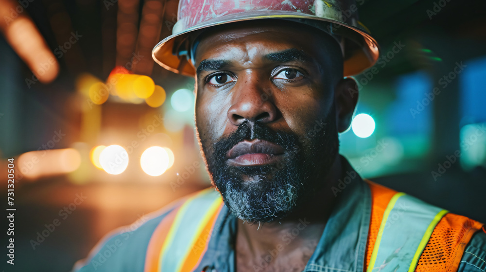 A rugged construction worker in his prime, exuding strength and determination with his intense gaze. Clad in a hard hat and donning a high visibility reflective vest, he is ready to take on