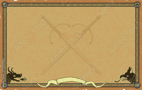 Large Fantasy Parchment with Knot Frame, Banner, Dragons, Crossed Longswords