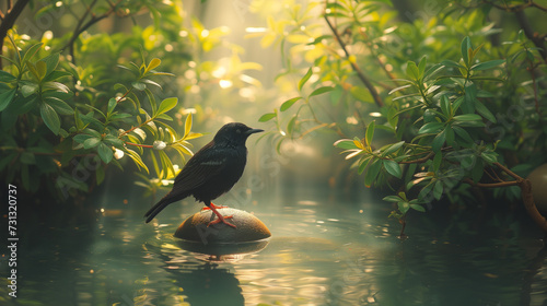 black small bird on a stone in the middle of forest on river