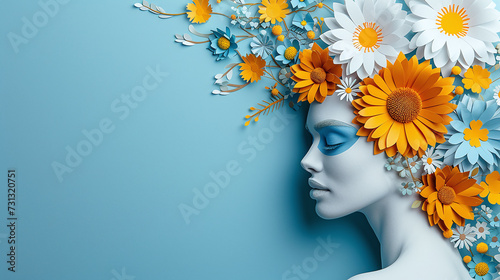 head of a woman with flowers in it, in the style of delicate paper cutouts