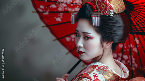 A stunning image featuring a traditional geisha in her early 30s who exudes grace and beauty. She mesmerizes with her elegant gestures and enchanting smile, dressed in a resplendent kimono a
