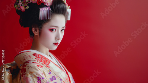 A captivating image of a traditional geisha in her early 30s, exuding an aura of grace and beauty. She wears a mesmerizing kimono adorned with elaborate designs, showcasing the rich cultural