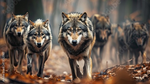 pack of wolves in the autumn forest   predators hunting  attack of wild animals