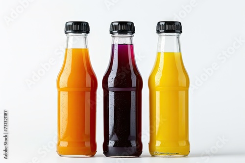 Three bottles of natural vegetable or fruit juices with black caps without labels isolated on a white background