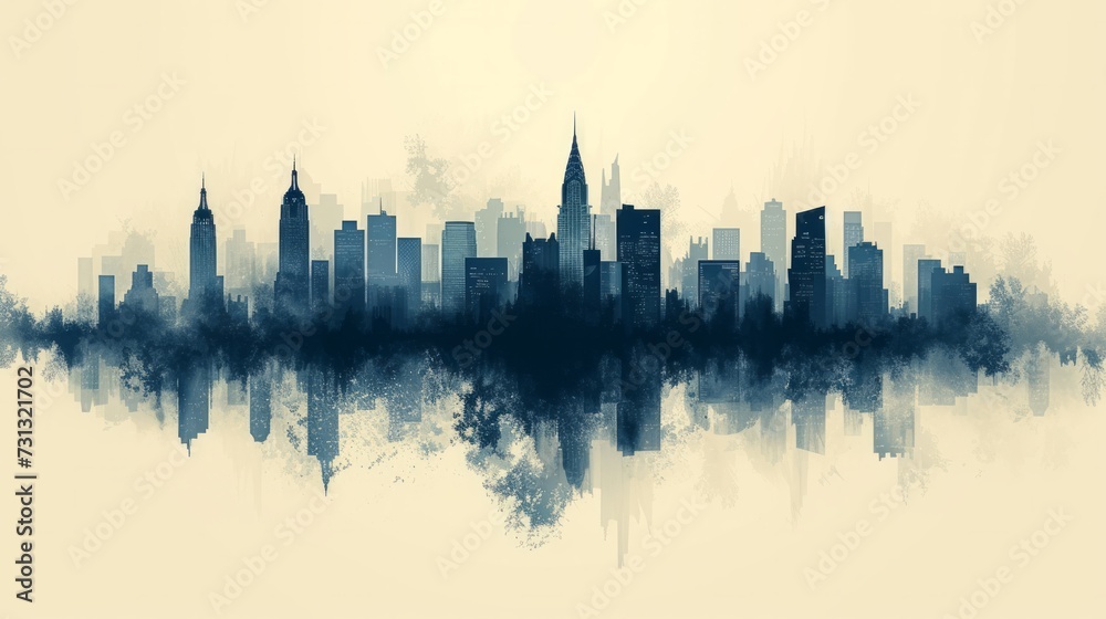 Simple lines and shapes form abstract cityscapes against muted backgrounds