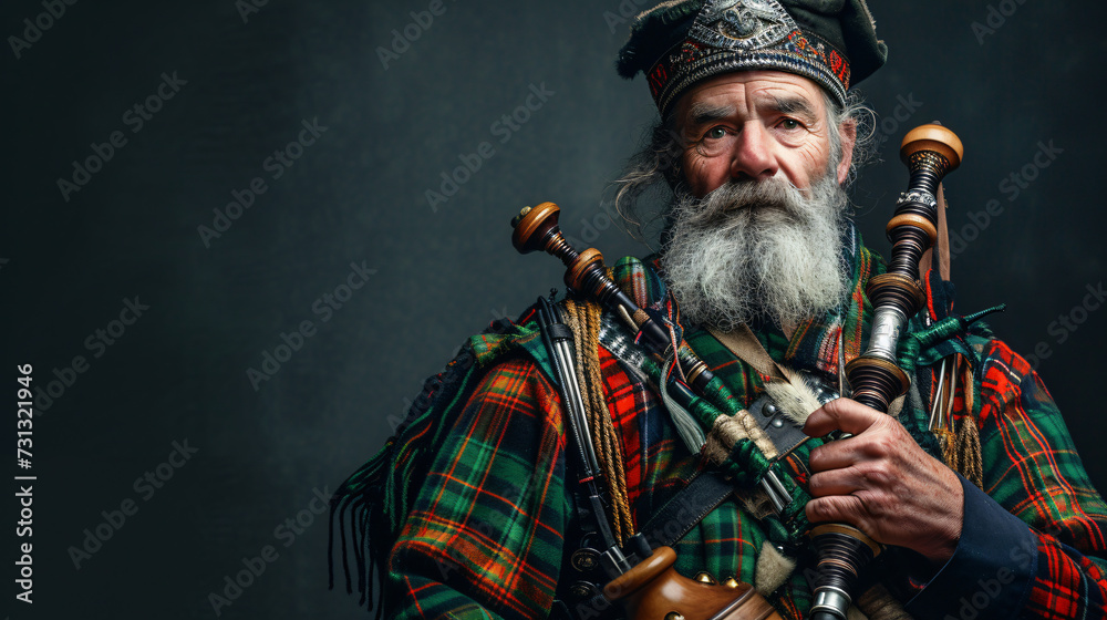 A proud Scottish bagpiper in his 50s, donning a magnificent full Highland dress, emanates cultural heritage through his expressive eyes. His regal presence and passionate expression exude th