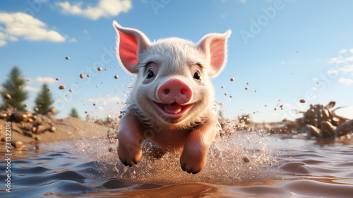 A Cartoon Piglet in a Cute Farming Scene.Small Piggy