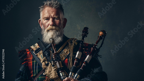 A proud and seasoned Scottish bagpiper, in his 50s, donning a full Highland dress, exudes cultural pride. His weathered face bears a content smile, as if sharing centuries of Highland herita