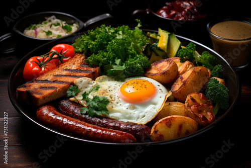 Breakfast with sausages, grilled tomatoes, egg, bacon, beans and bread on plate.