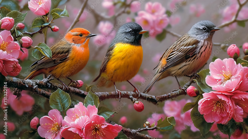 Colorful Bird. Songbird in Cherry Blossoms Colorful Bird. Songbird in Cherry Blossoms