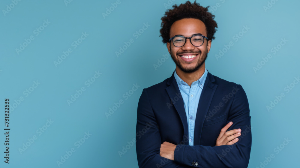 a person with a beaming smile, wearing glasses and a suit, standing with arms crossed against a soft blue background, looking confident and approachable a person with a beaming smile, wearing glasses and a suit, standing with arms crossed against a soft blue background, looking confident and approachable