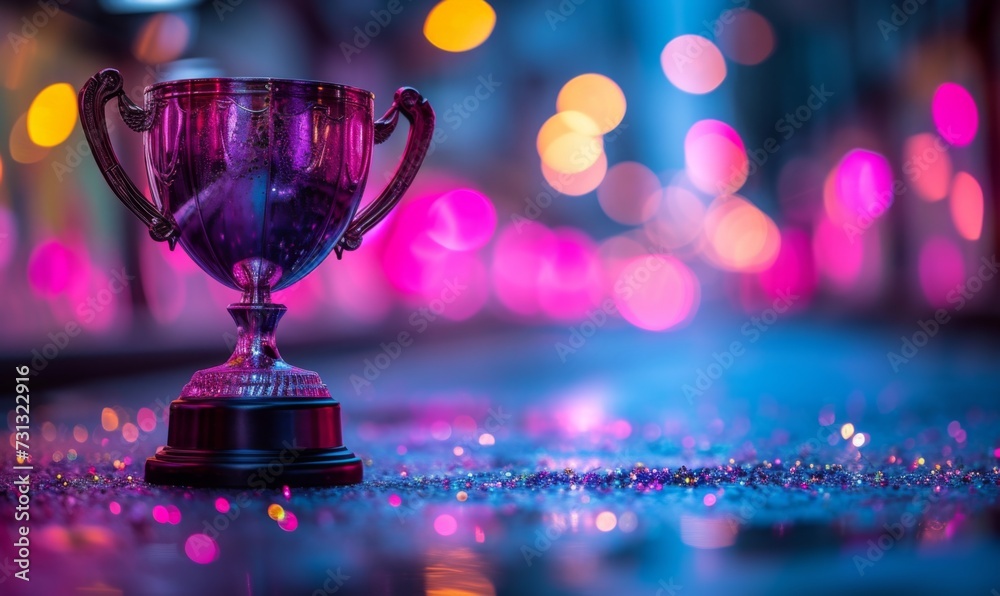 A winner trophy cup set against abstract purple and pink lights blur blinking background. Generative AI A winner trophy cup set against abstract purple and pink lights blur blinking background. Generative AI