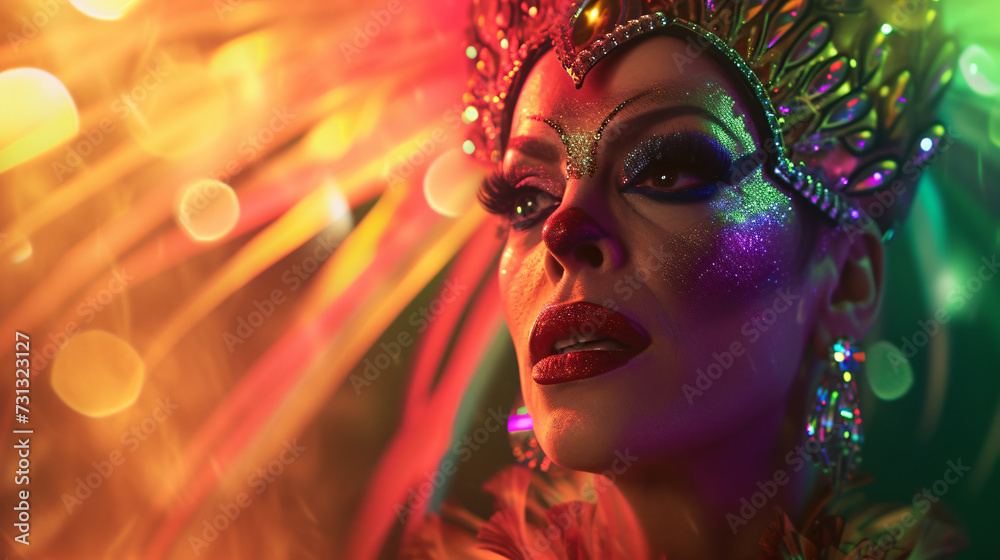 A fabulous drag queen in her prime, exuding a vivacious energy with her flamboyant and expressive style. Her makeup is meticulously done, accentuating her larger-than-life personality. She d - obrazy, fototapety, plakaty 