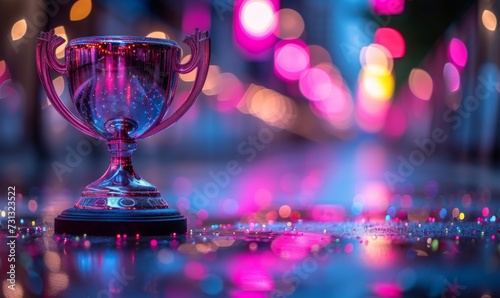 A winner trophy cup set against abstract purple and pink lights blur blinking background. Generative AI
