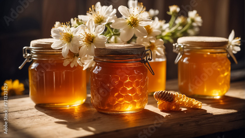 Jars of honey, flowers in the kitchen tasty