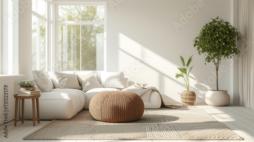 A bold, oversized pouf becomes a focal point in a sleek