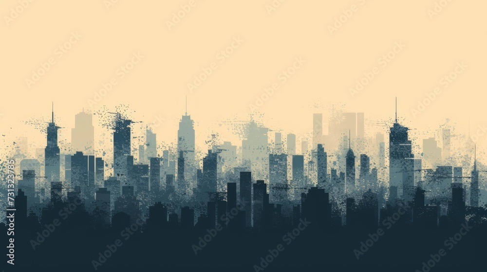 Simple lines and shapes form abstract cityscapes against muted backgrounds
