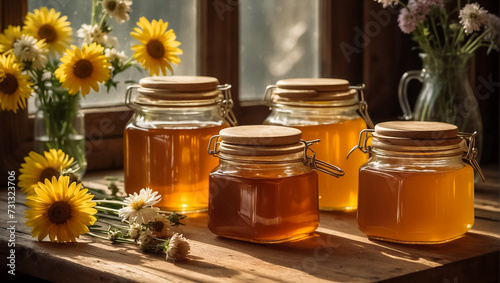 Jars of honey, flowers in the kitchen aroma