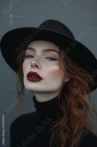 the woman wears a black hat and dark makeup in an urban setting