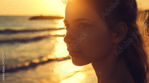 Mulher jovem na praia sobre o por do sol  photo