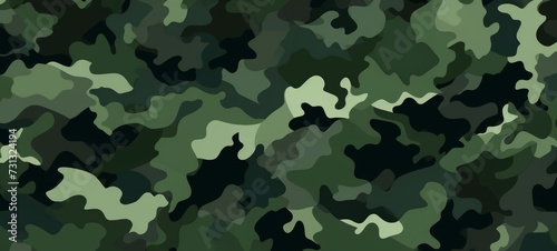Green camo texture for stealth and concealment. Camouflage pattern with shades of green and black. Backdrop. Wide banner. Concept of army uniform, military, woodland environment, and survival. photo