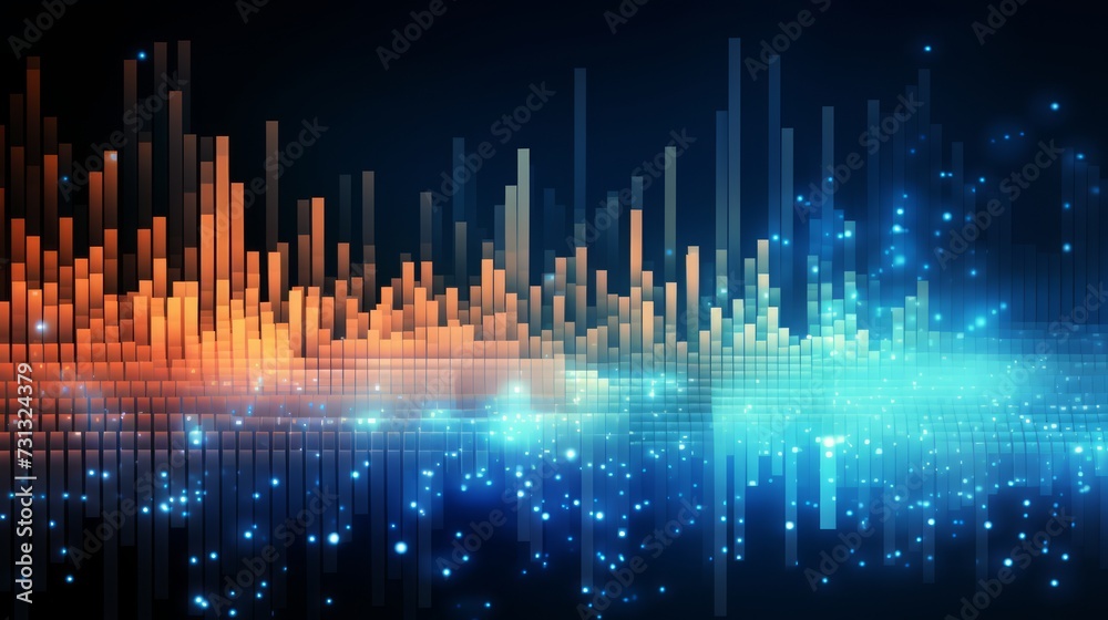 Abstract background with glowing lines and dots. Digital sound wave. Colorful data stream visualization. Concept of network, data, audio analysis, sound frequency and digital communication.