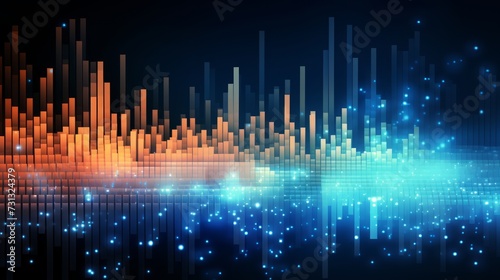 Abstract background with glowing lines and dots. Digital sound wave. Colorful data stream visualization. Concept of network, data, audio analysis, sound frequency and digital communication.