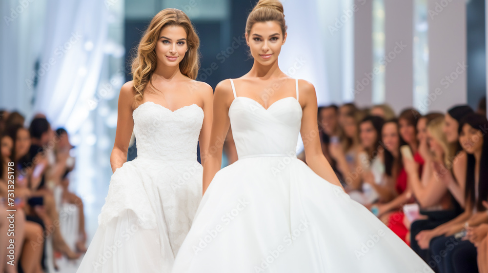 Naklejka premium Wedding Model. Female models walk the runway in beautiful stylish white wedding dresses during a Fashion Show
