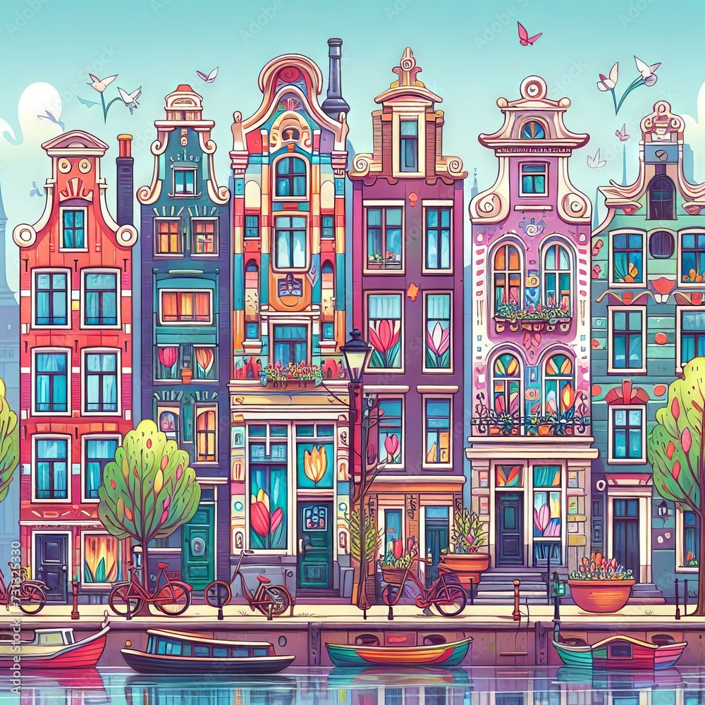 Illustration of colorful Dutch architecture