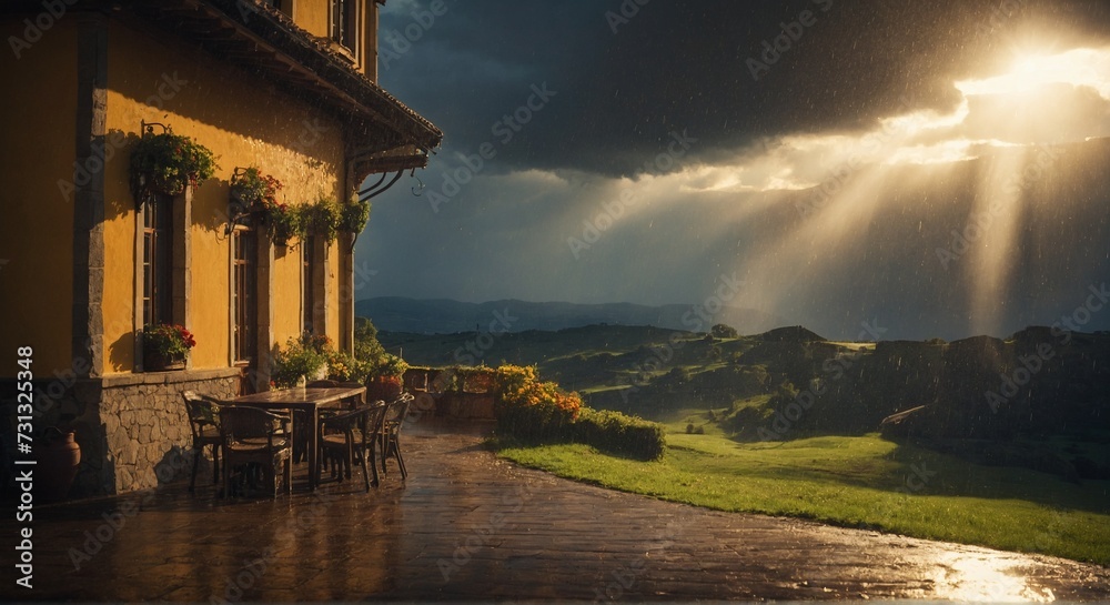 Sunlight filtering through the clouds, illuminating an old building adorned with wooden chairs - obrazy, fototapety, plakaty 