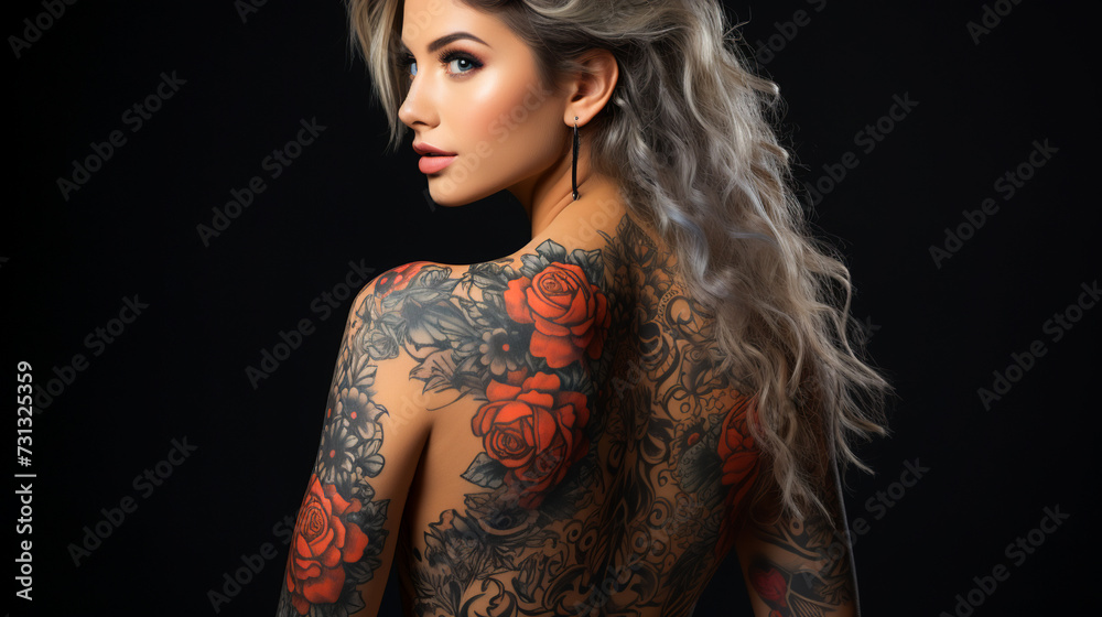 Fototapeta premium Back View of a Woman Flaunting Her Tattoo. Young Lady Displaying Her Intricate Tattoo