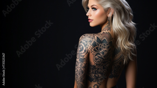 Back View of a Woman Flaunting Her Tattoo. Young Lady Displaying Her Intricate Tattoo